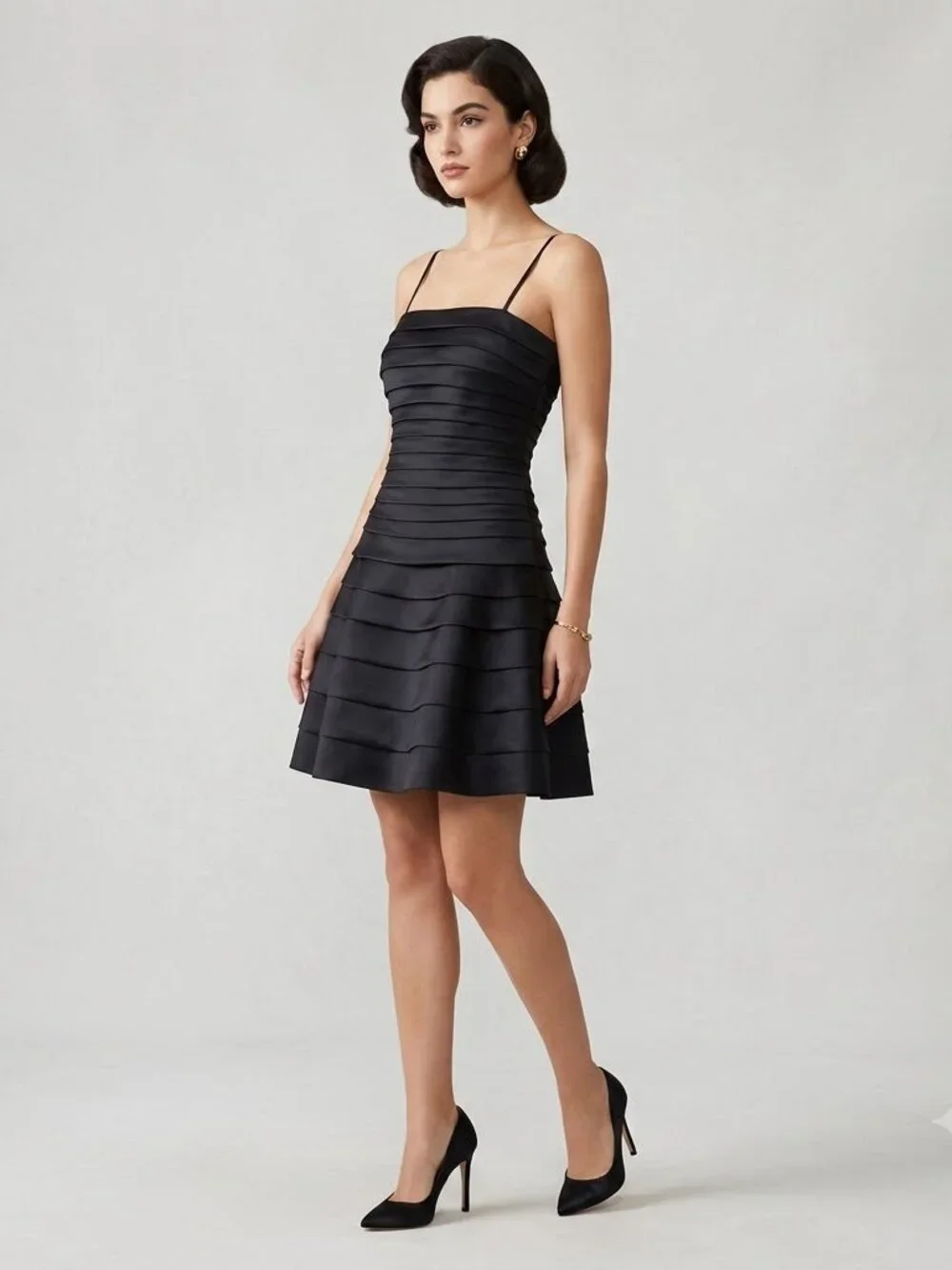 Cache Womens Black Spaghetti Strap Mini A-Line Dress Tiered Cocktail Prom Size 4